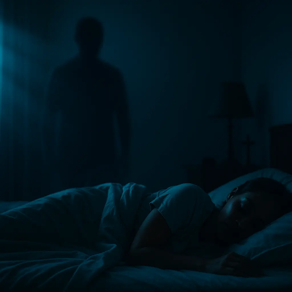 Spirit spouses: night visitations in the bedroom—realistic scene of a person sleeping with a shadowy figure standing nearby