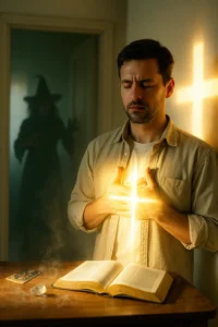 Believer praying as a glowing cross shields him; witch silhouette in doorway, Bible with tarot card and crystal—deliverance from the spirit of witchcraft.