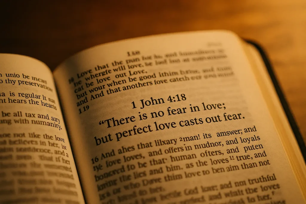 Open Bible showing 1 John 4:18 — perfect love casts out fear highlighted in warm light