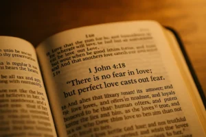Open Bible showing 1 John 4:18 — perfect love casts out fear highlighted in warm light