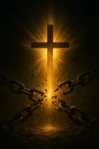 Radiant cross breaking heavy chains symbolizing deliverance and freedom — breaking bloodline curses through the power of the Cross.