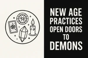 new age practices open doors to demons warning illustration with tarot card, crystal, candle, and astrological symbols