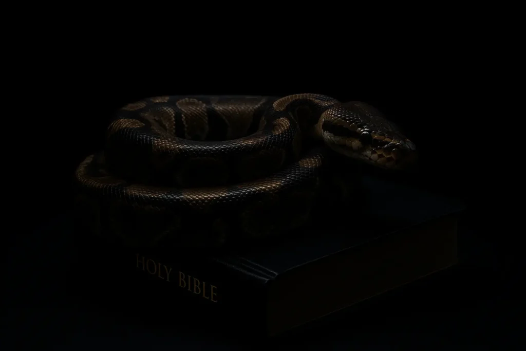 realistic photograph of a python coiled around a closed Bible on a dark background, symbolizing the python spirit from Acts 16:16