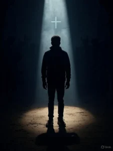 A dramatic, moody image of a silhouetted believer standing in a beam of light, surrounded by shadows representing demonic oppression, with a faint cross or light source behind them.