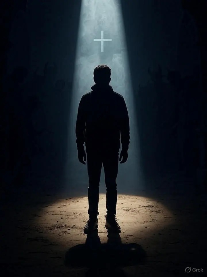 A dramatic, moody image of a silhouetted believer standing in a beam of light, surrounded by shadows representing demonic oppression, with a faint cross or light source behind them.