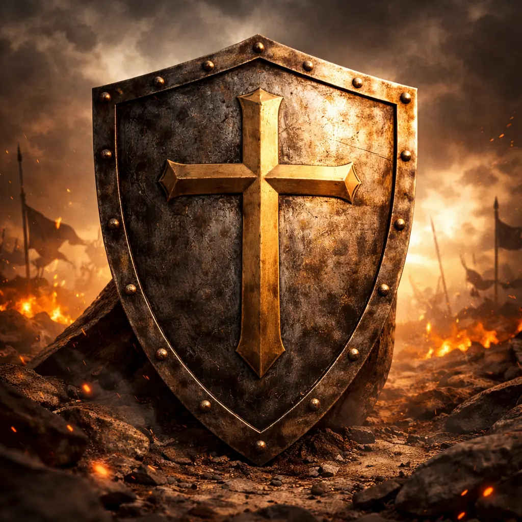 Shield of Faith in spiritual warfare with cross on shield (Ephesians 6:16